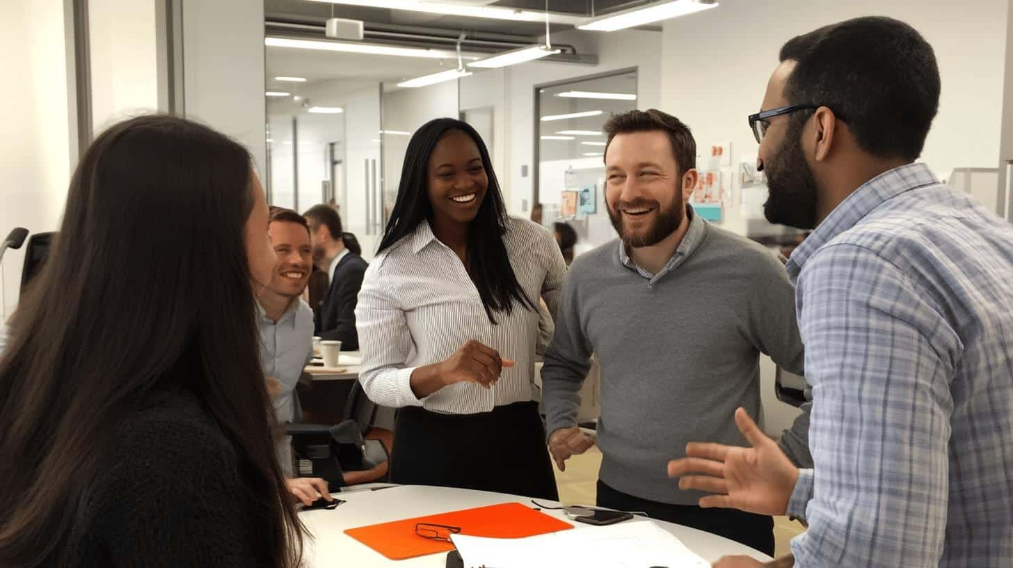 Group of colleagues sharing a light-hearted moment in an office setting, emphasizing strong work ethics.