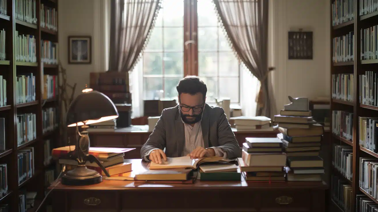 Man studying with books stacked around, representing strong work ethics.