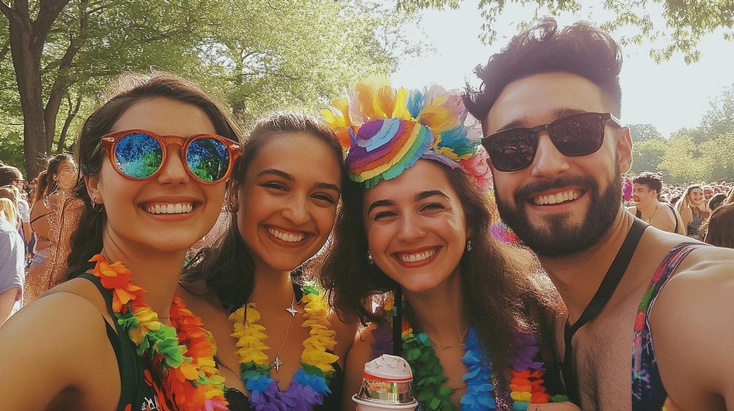 Smiling group of friends celebrating Pride Month with colorful outfits and accessories.