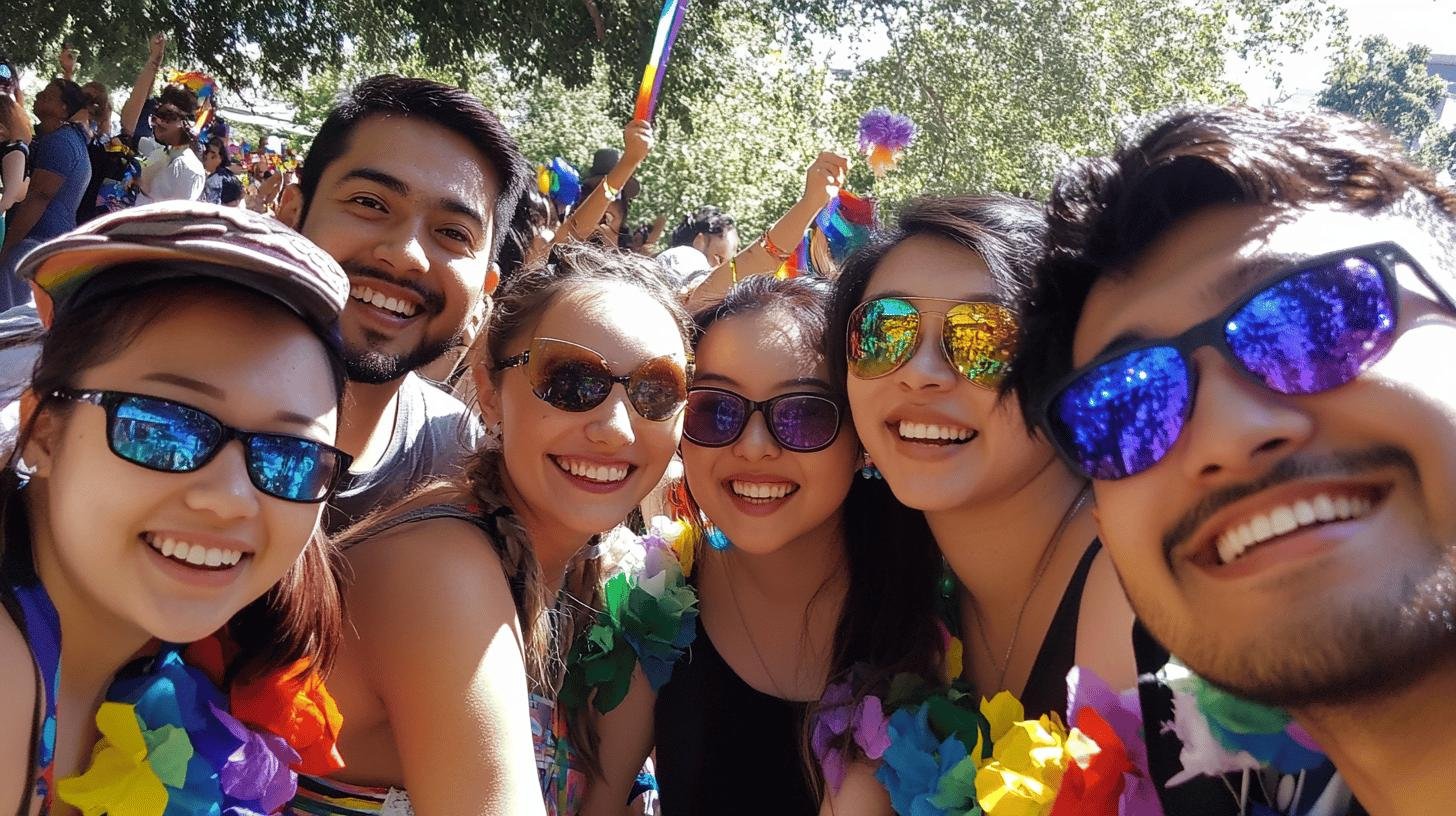 Smiling group of friends celebrating Pride Month.