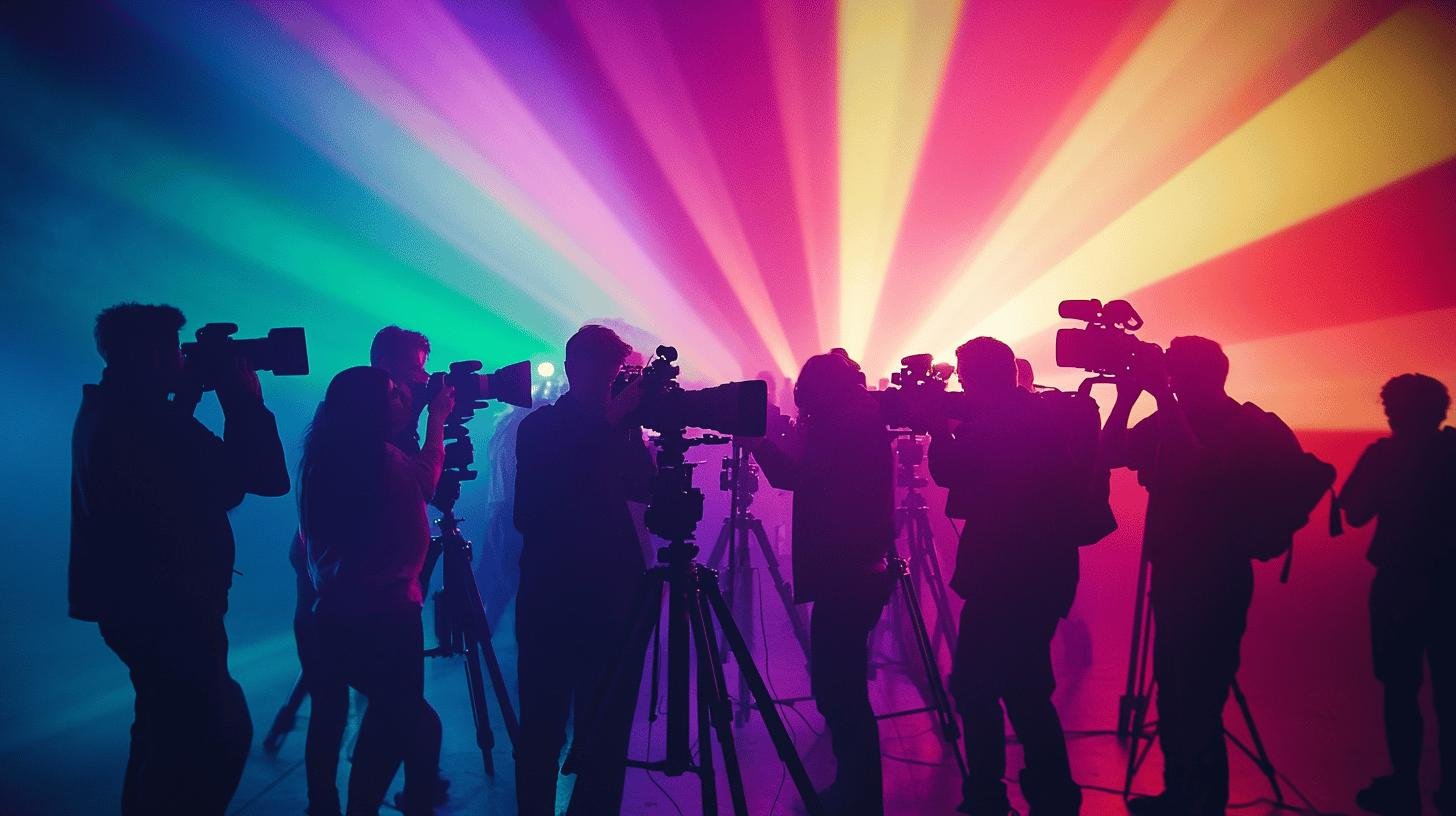 Silhouette of photographers capturing Pride Month event with vibrant rainbow lighting.