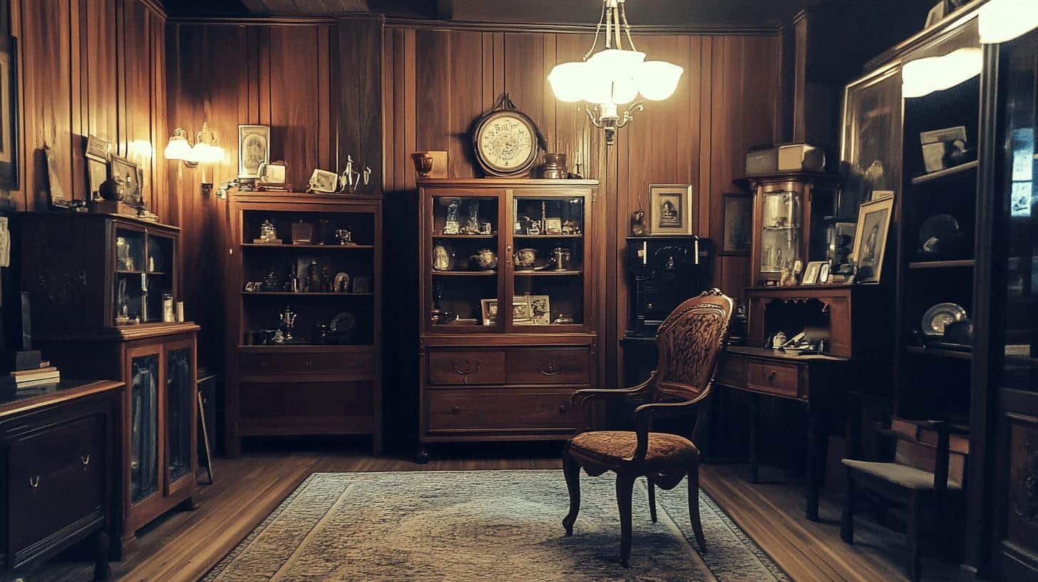 Elegant interior of an antique store showcasing vintage furniture and collectibles in a warmly lit, wood-paneled room. Antique Vintage Store Near Me.