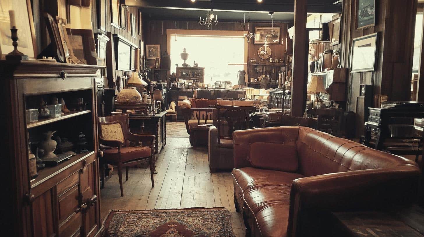 Interior of an antique vintage store filled with classic furniture and decorative items, emphasizing a cozy, nostalgic atmosphere. Antique Vintage Store Near Me.