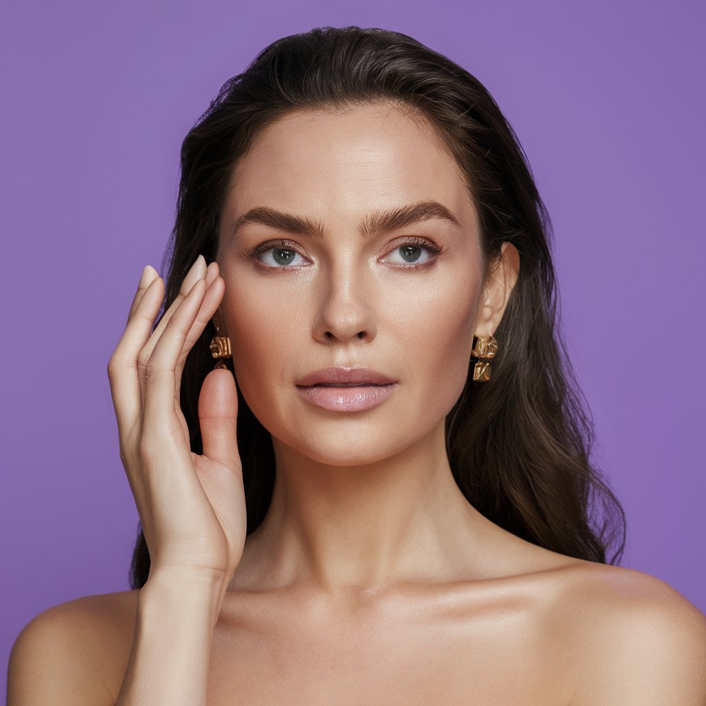 Woman with flawless skin and minimal makeup touches her face, showcasing a simple makeup routine, against a purple background.