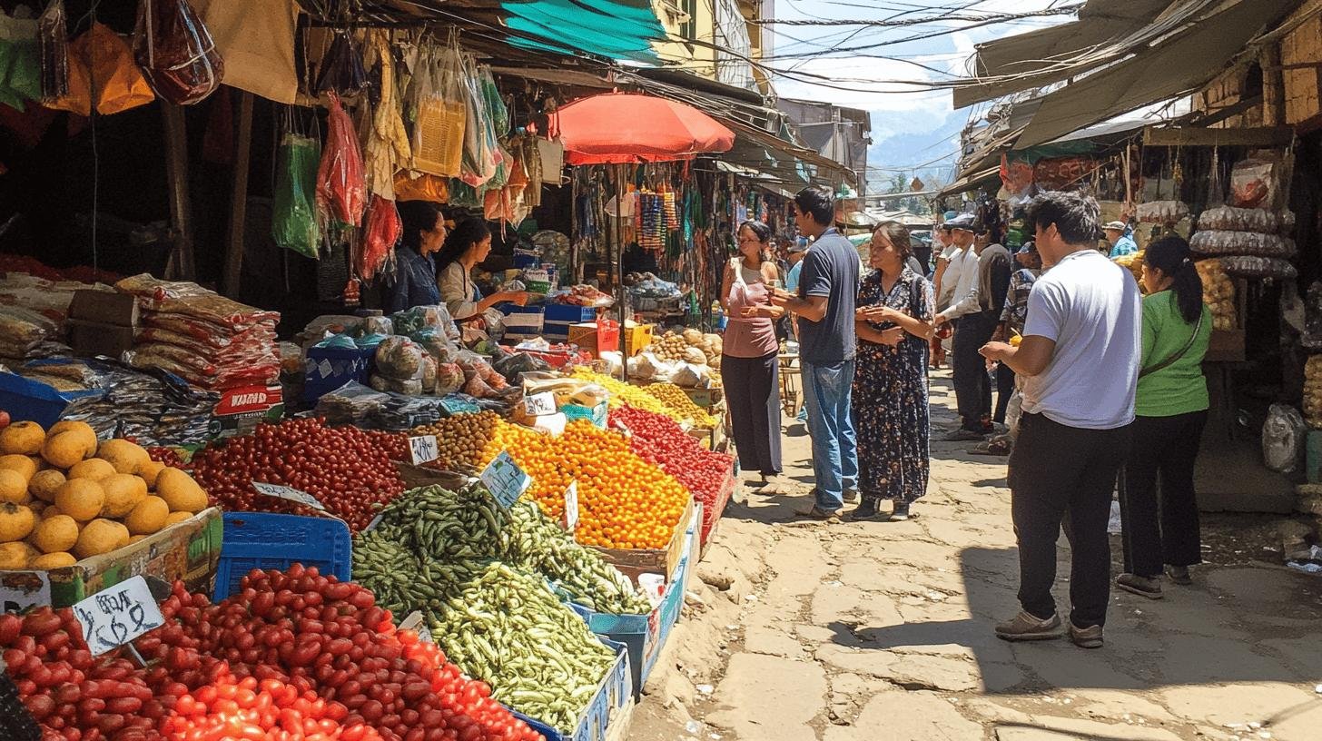 Colorful street market with various fresh produce on display, highlighting the benefits of capitalism through job creation and productivity in a busy market environment.