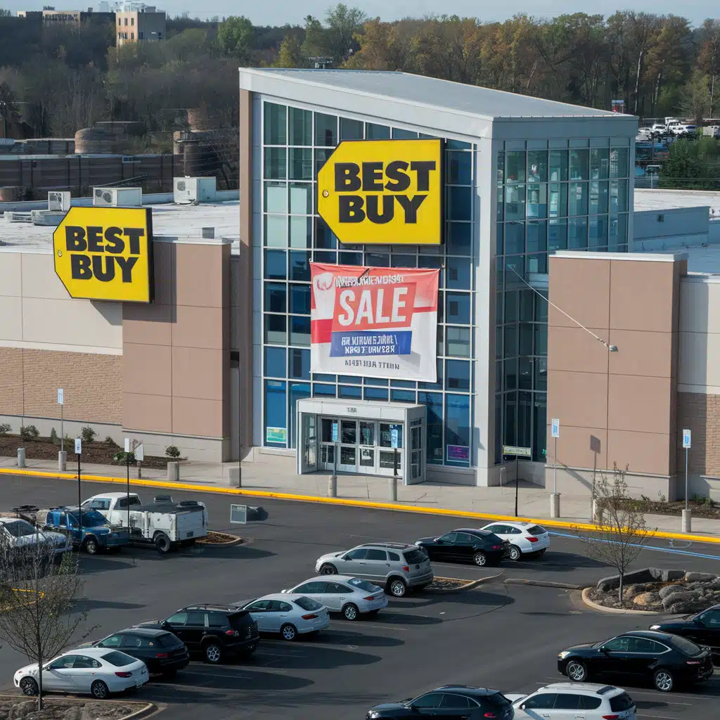 A photo outside of Best Buy store showing also its parking lot.