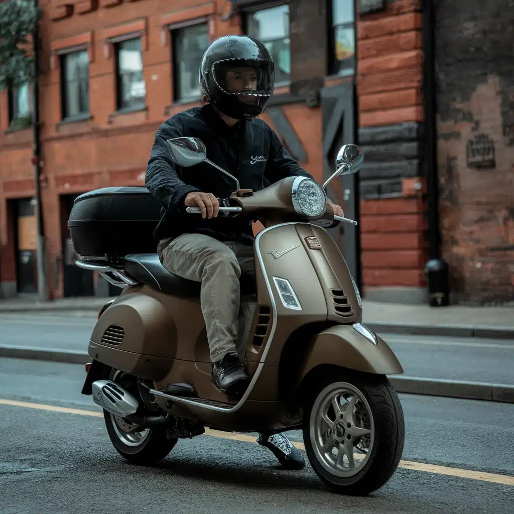 A man wearing a helmet rides a sleek, brown scooter on a city street, highlighting one of the Best Gas Scooters for Adults.
