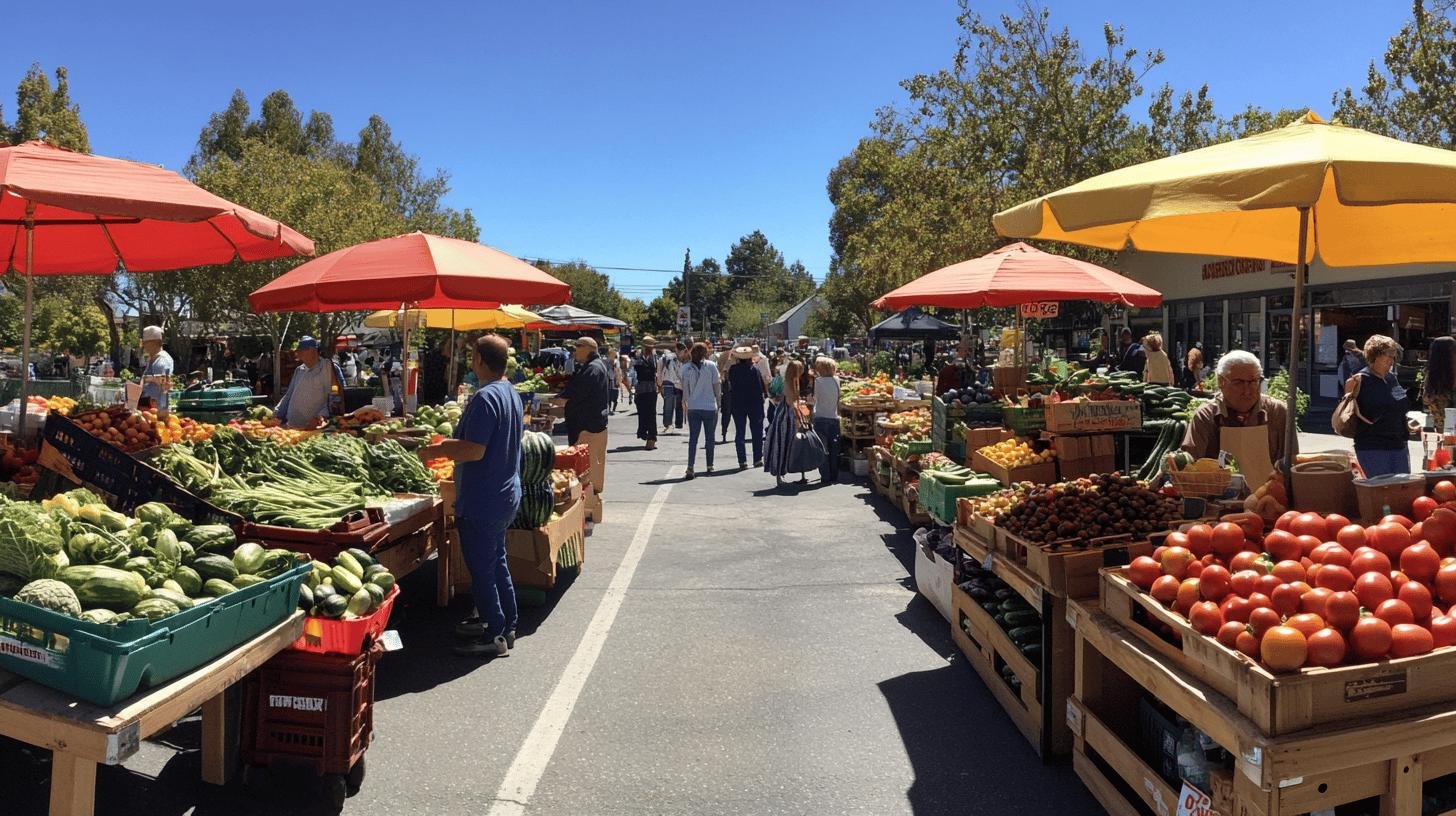 Vibrant outdoor market with vendors and shoppers, showcasing the importance of Seasonal Local Businesses.