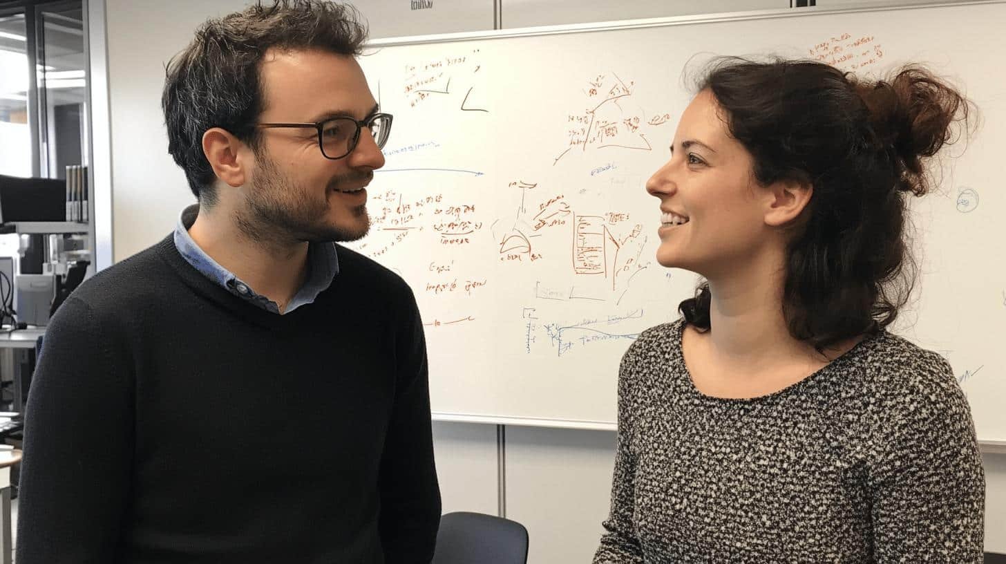 Two colleagues discussing strategies with a whiteboard in the background, emphasizing 'Business Development vs Marketing' concepts.