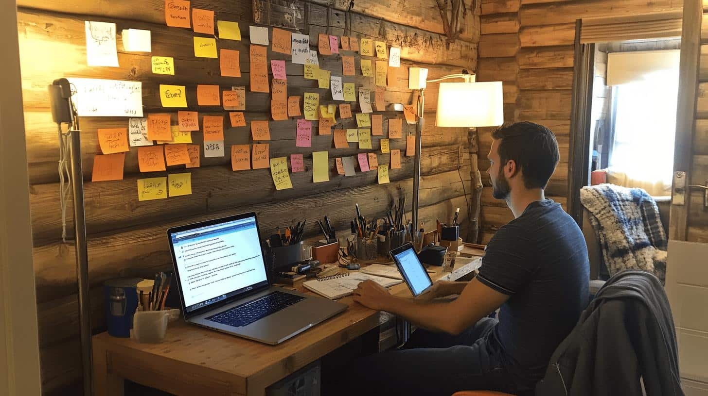 Business Growth Hacker brainstorming with sticky notes and laptop.