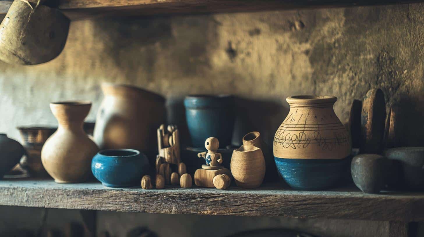 Handcrafted pottery on a wooden shelf, representing the theme of Buying Local vs Corporate.