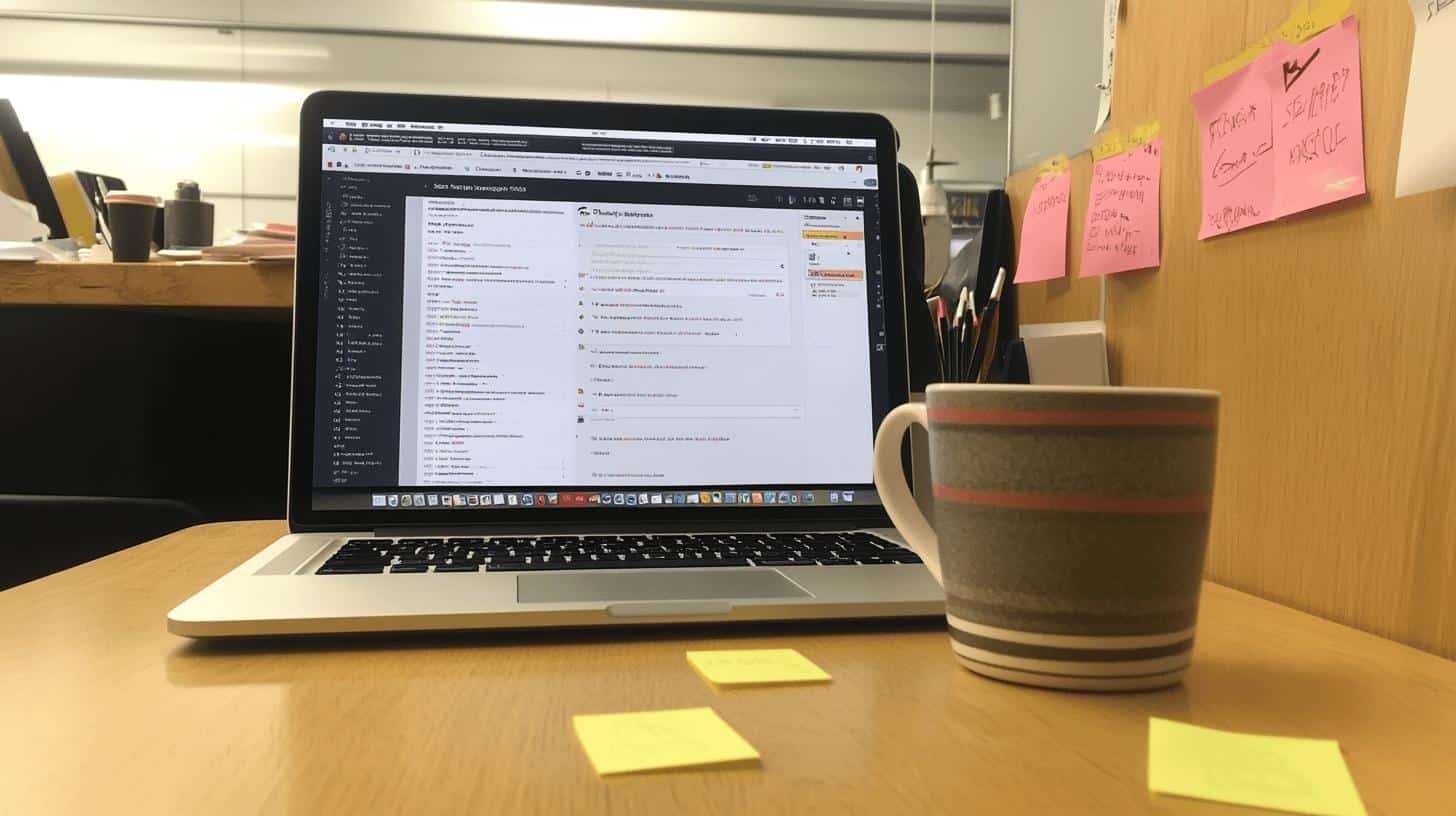 Laptop and sticky notes as tools for collaboration in cross-functional teams.