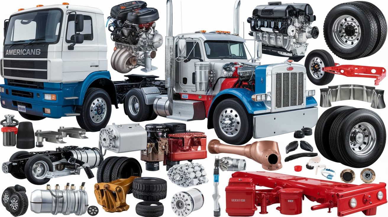 A collage of various American truck parts, including engines, wheels, axles, and chassis components, showcasing the intricate details of heavy-duty truck assembly.