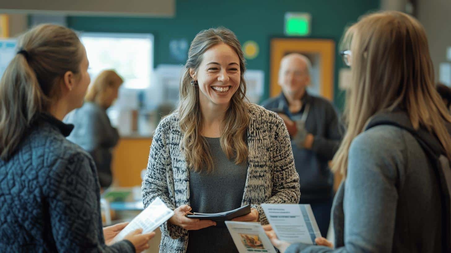 Small business owners networking at an event.