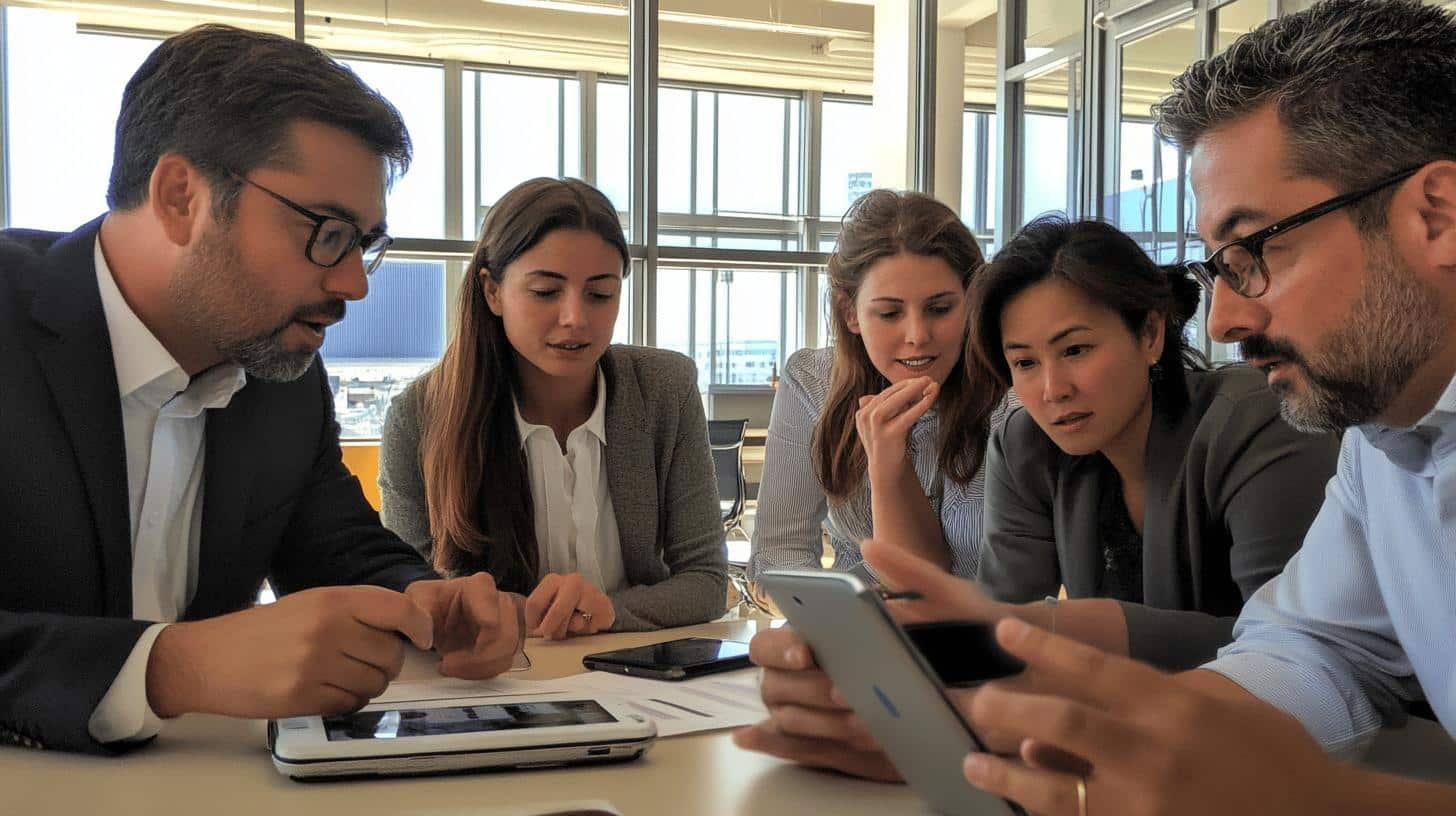 Business team discussing a project on a tablet during a meeting about Corporate Social Responsibility.