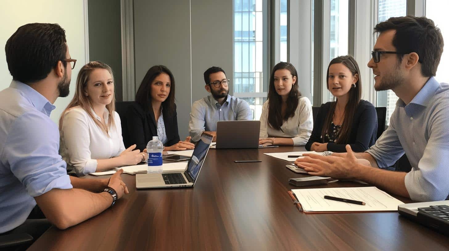 A diverse group of professionals in a corporate meeting discussing corporate culture and values.