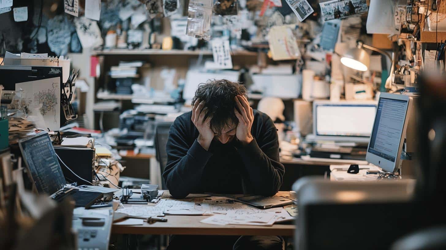 A stressed man holding his head in his hands at a cluttered workstation, depicting the negative impact of corporate culture and values on employee well-being.