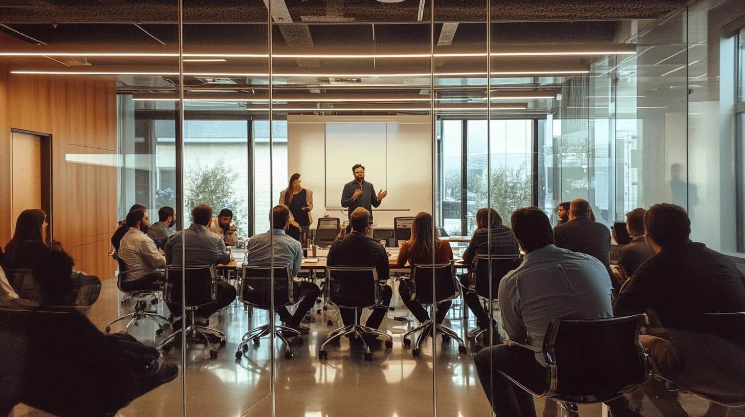 Company leaders presenting to employees in a modern office, emphasizing corporate culture and values.