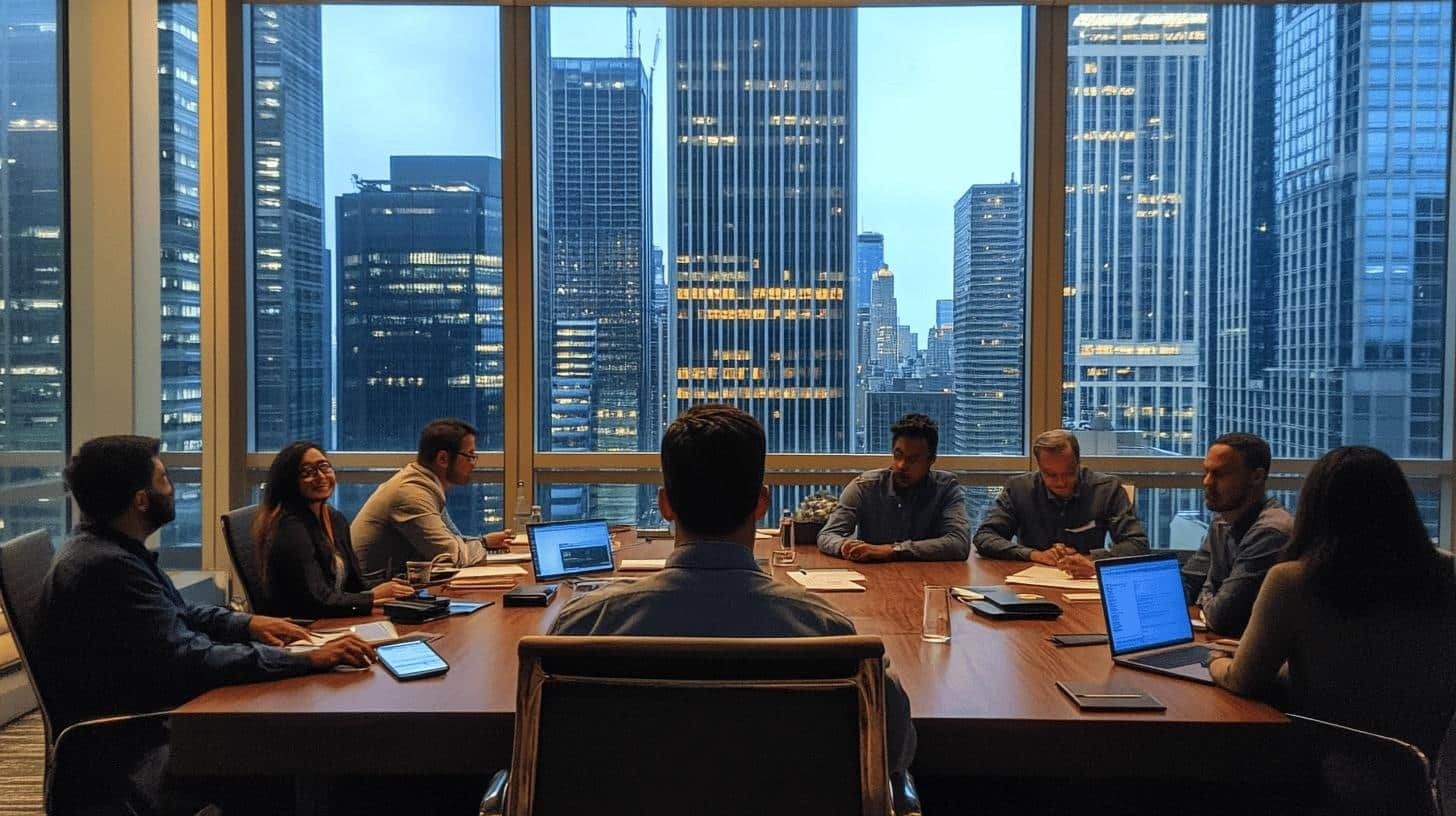 Business meeting in a high-rise office discussing corporate governance.