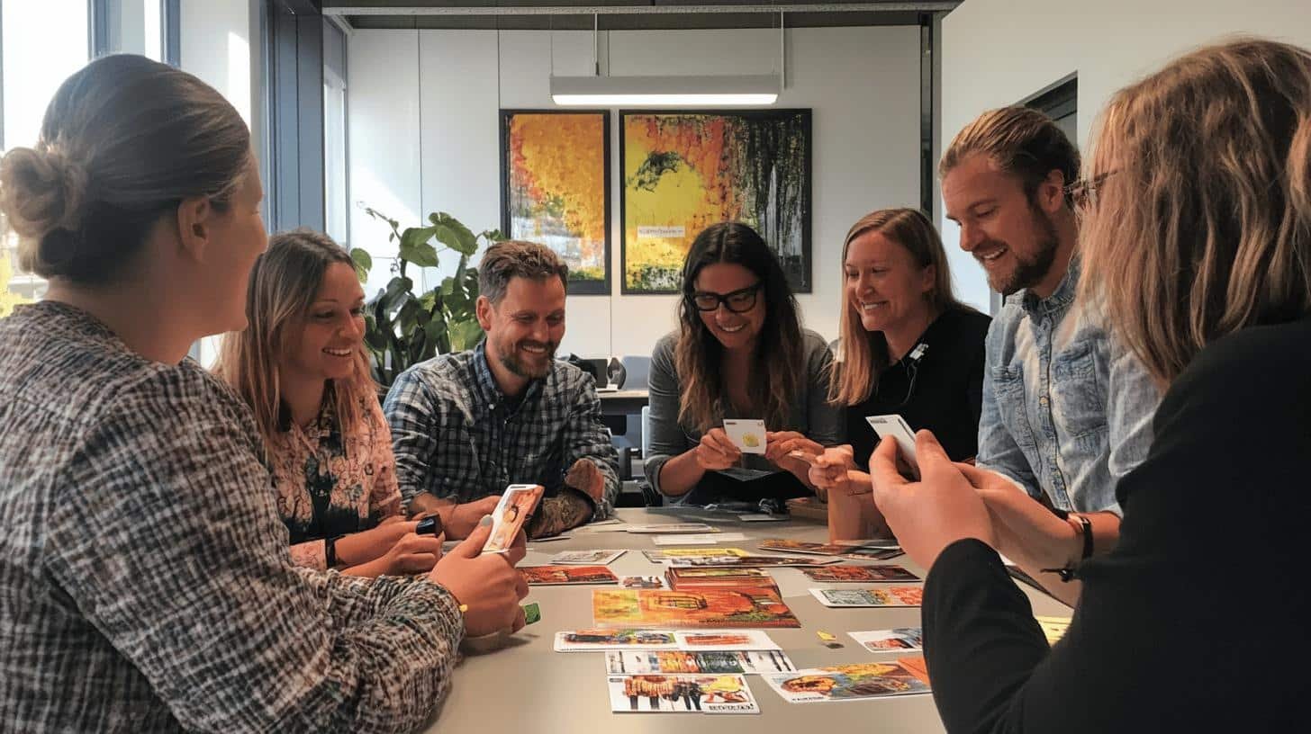 Team members collaborating around a table, discussing ideas for building effective cross-functional teams.