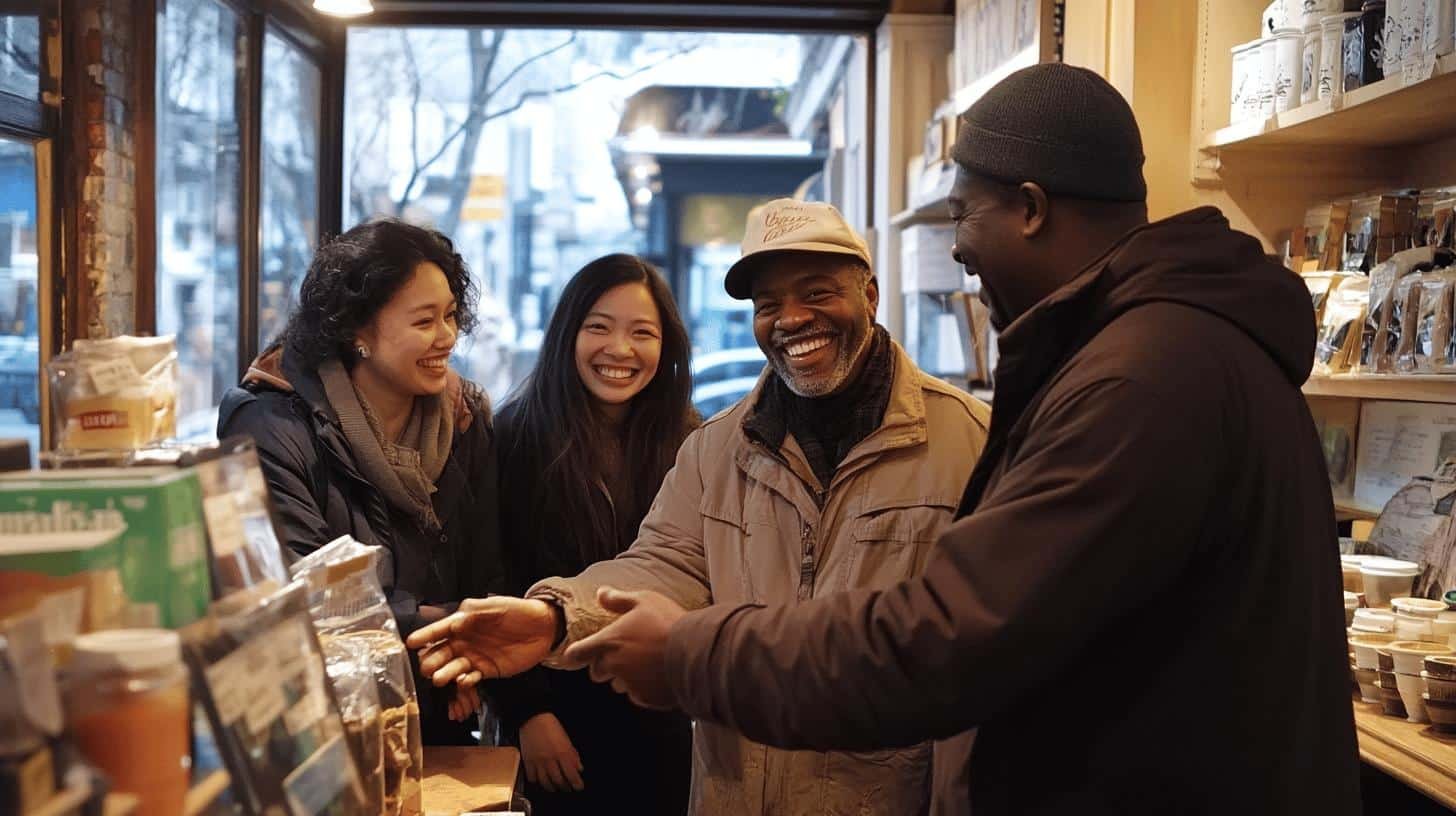 Friendly small business interaction highlighting Customer Relations vs Customer Service.