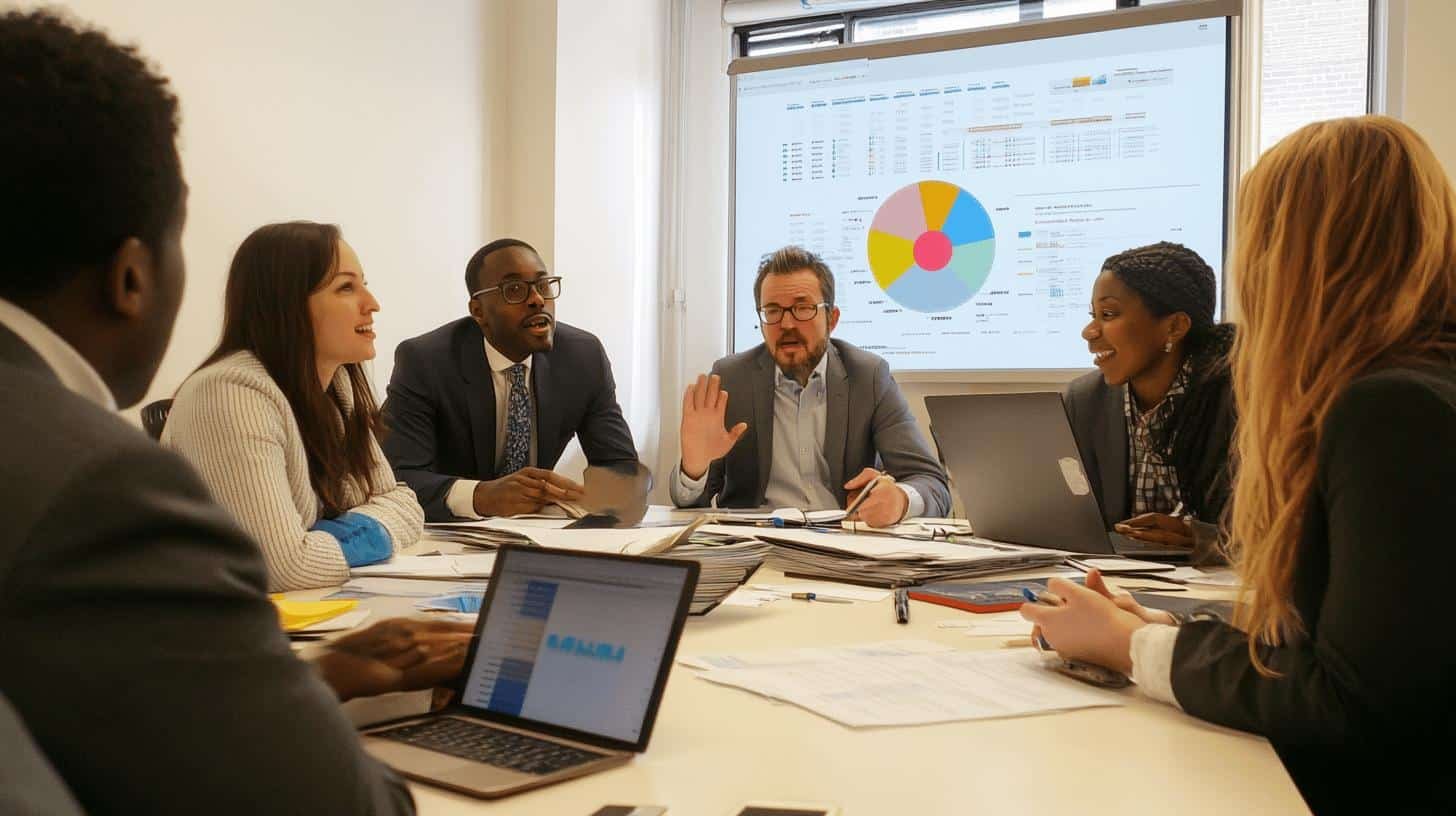 Diverse team discussing tools for measuring the Definition of Economic Liberty in a meeting room.