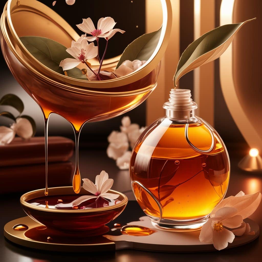 Bottle of fragrance body oil with floral accents and golden tones.