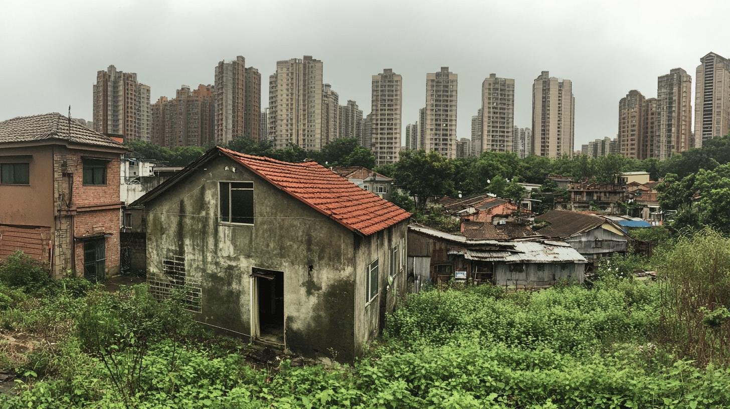 Contrast of poverty and high-rise buildings, illustrating wealth disparity in Laissez Faire Economics.