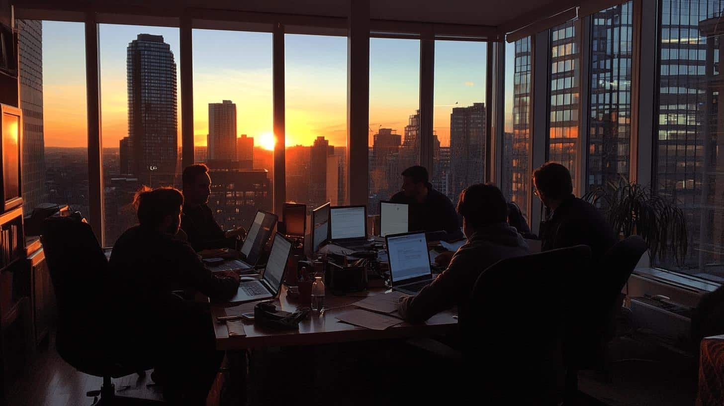 Economic Liberty in Government: Business meeting during sunset in a high-rise office.