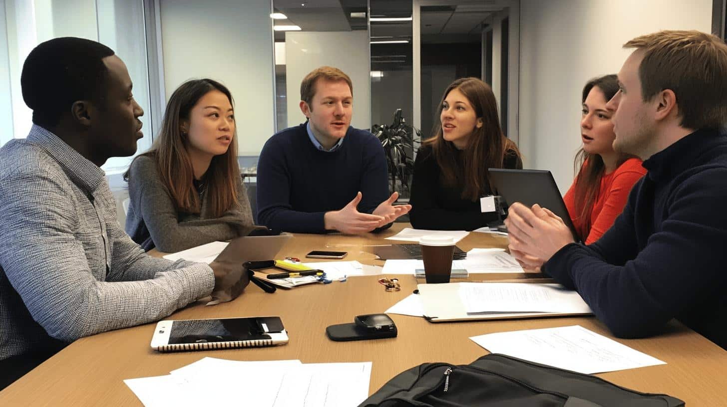 Diverse team discussing strategies around a table, illustrating effective cross-functional teams.
