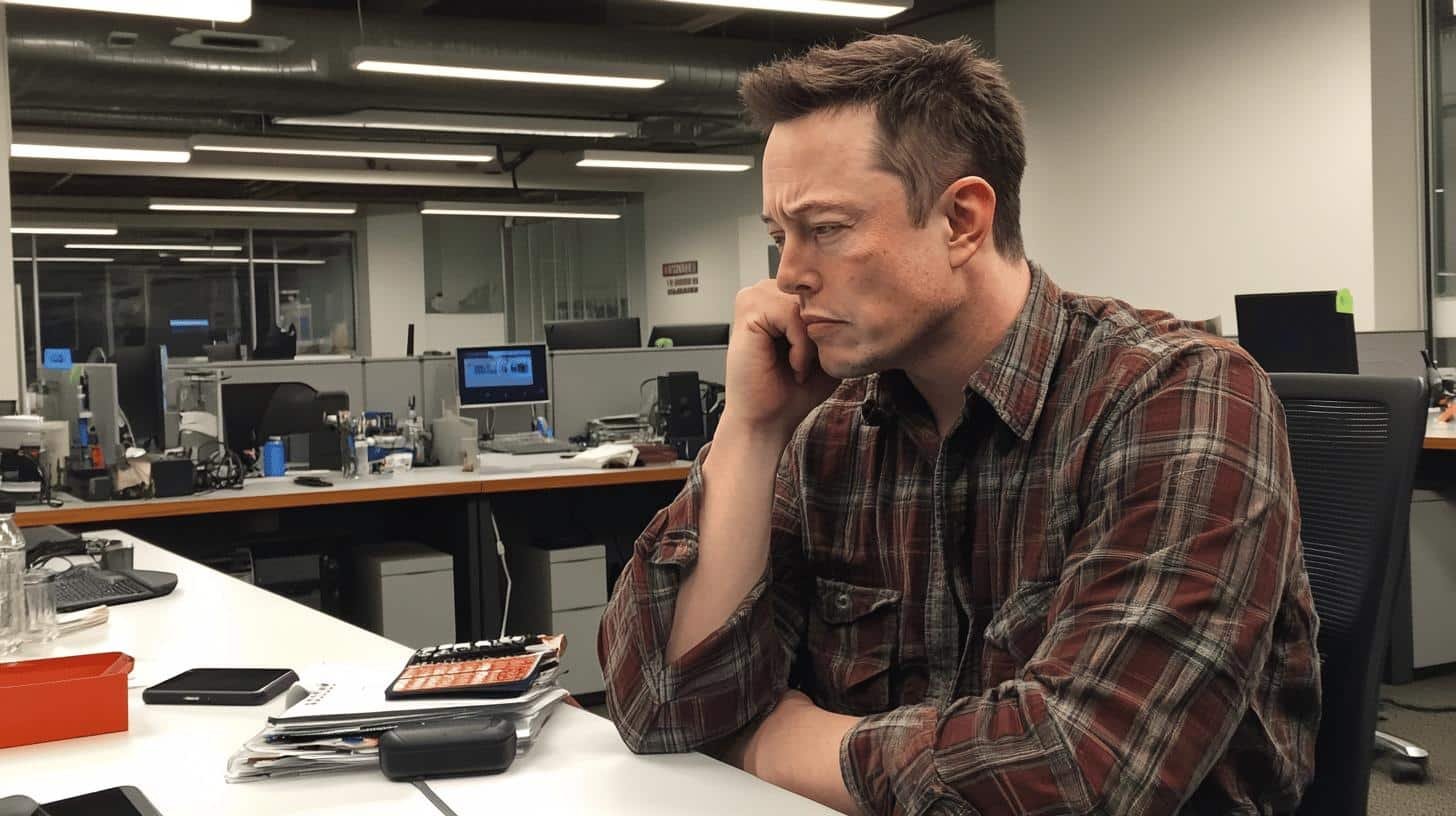 Elon Musk sitting at a desk in deep thought, wearing a plaid shirt.