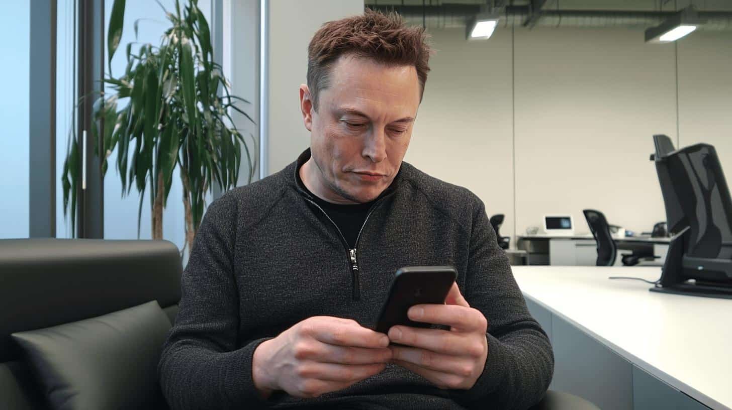 Elon Musk focused on his phone while sitting in an office.