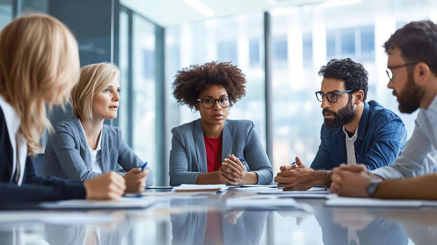 Team in a business meeting, emphasizing respect over conformity in decision-making.
