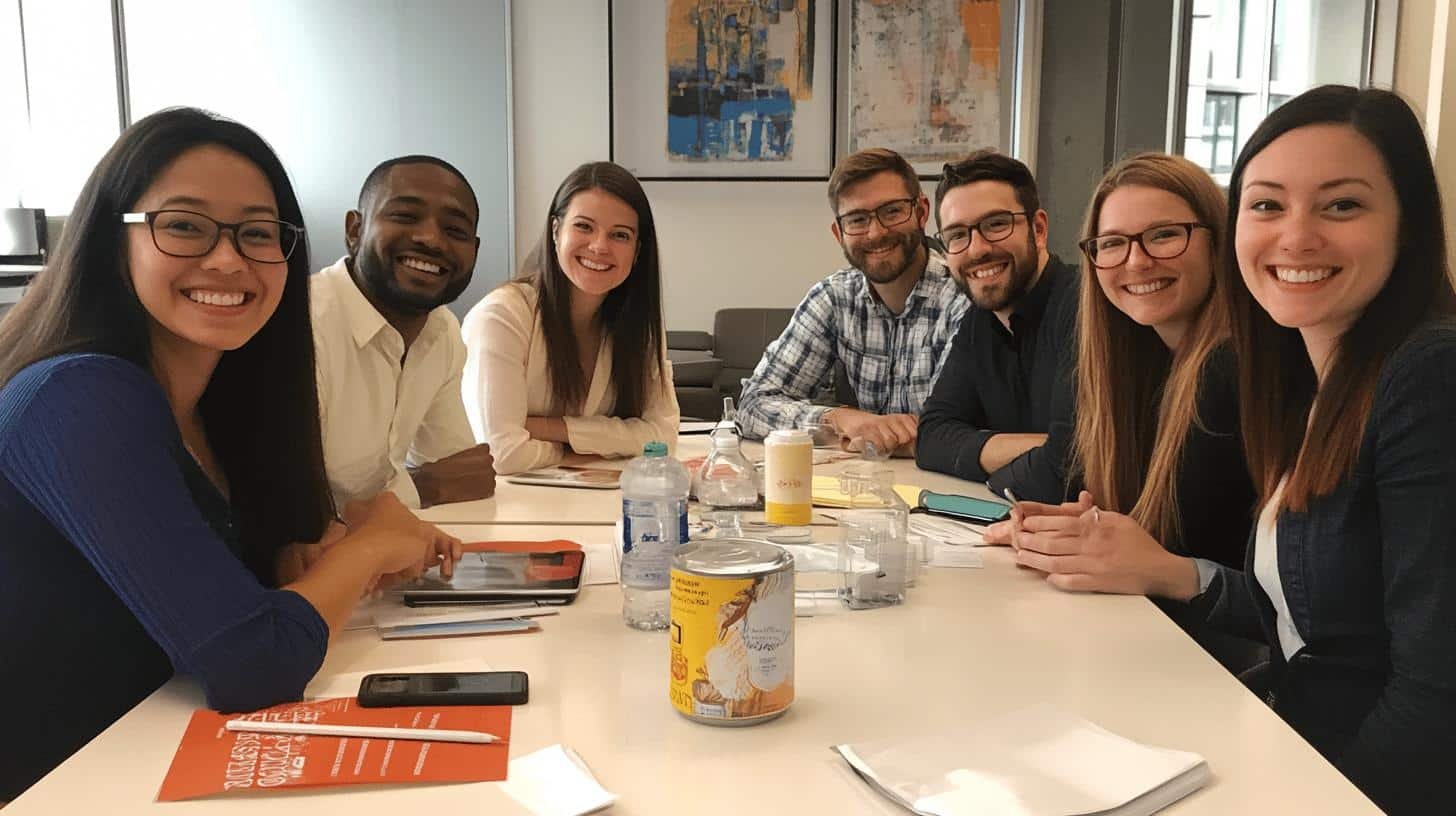 Smiling group of professionals collaborating, illustrating respect over conformity.