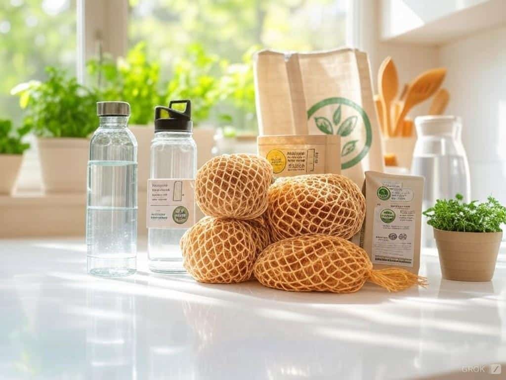 A bright, airy kitchen counter displays a collection of eco-friendly consumer products