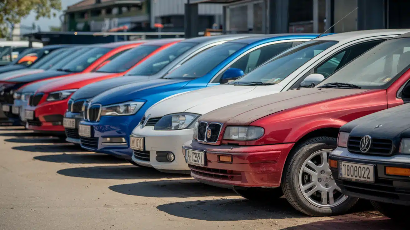A lineup of colorful off lease cars parked in a row at a dealership, showcasing a variety of models ready for sale.