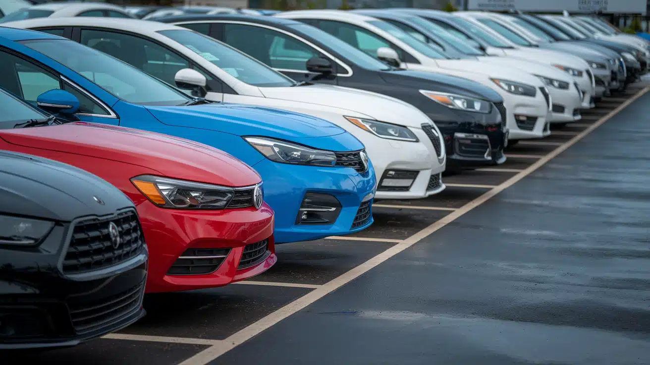 A row of off lease cars parked in a dealership lot, featuring various models in vibrant colors like red, blue, and white, ready for sale.