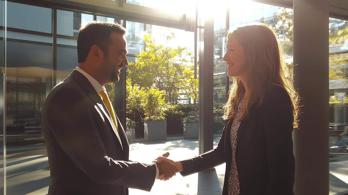 Two professionals shaking hands, symbolizing fair and reasonable compensation.
