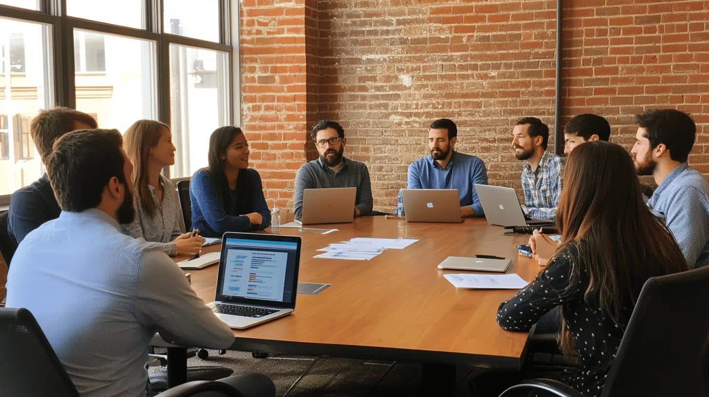 Team meeting discussing fair and reasonable compensation policies.