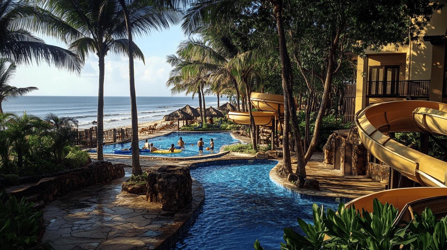 Tropical resort with water slides and pools, perfect for family friendly vacation ideas.