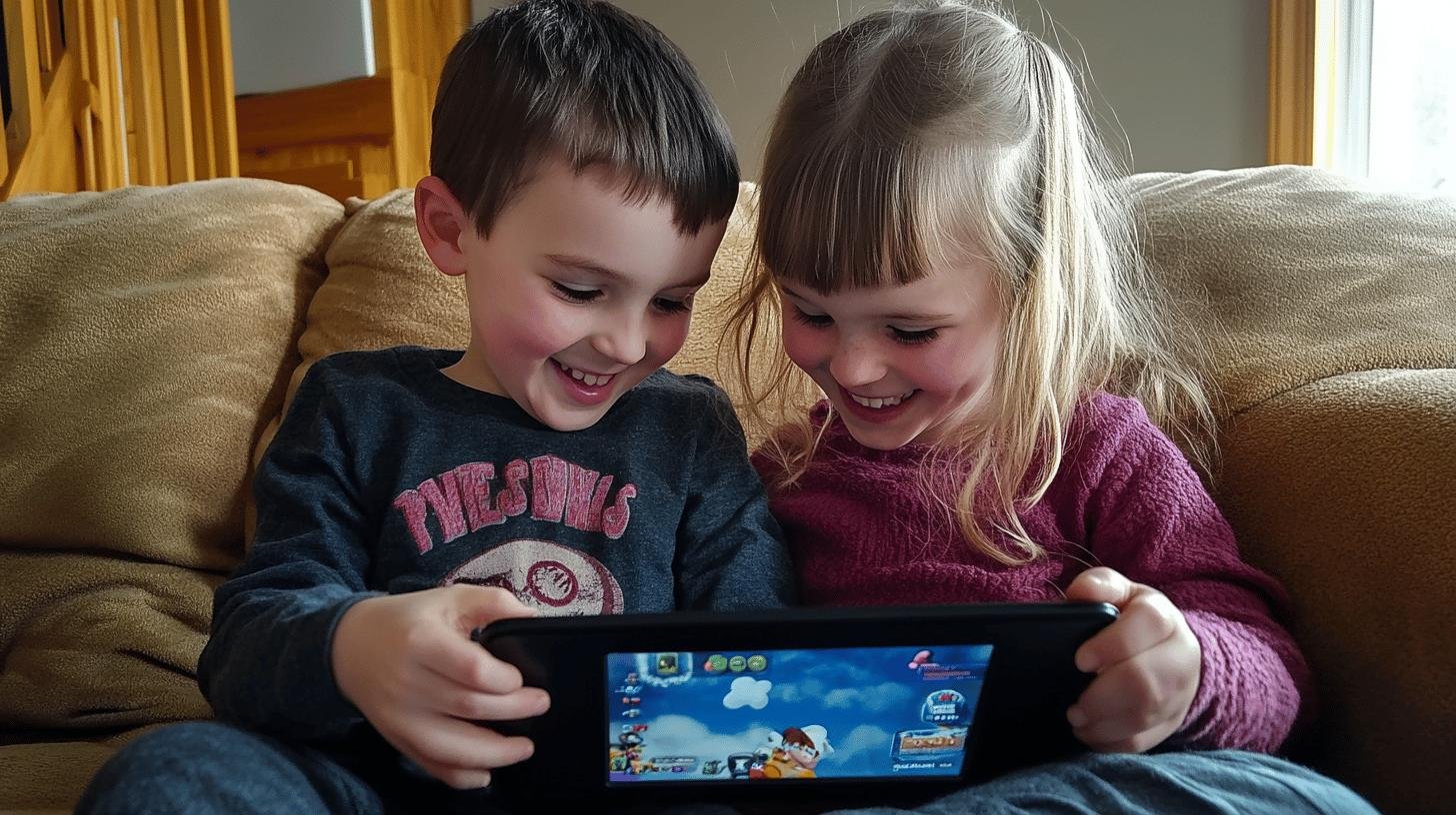 Two kids smiling while playing Family Friendly Video Games on a tablet.