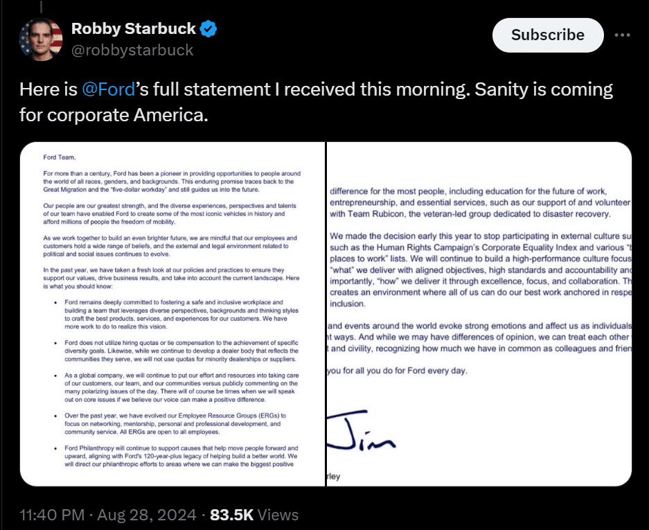 Robby Starbuck's post on Ford changing woke policies