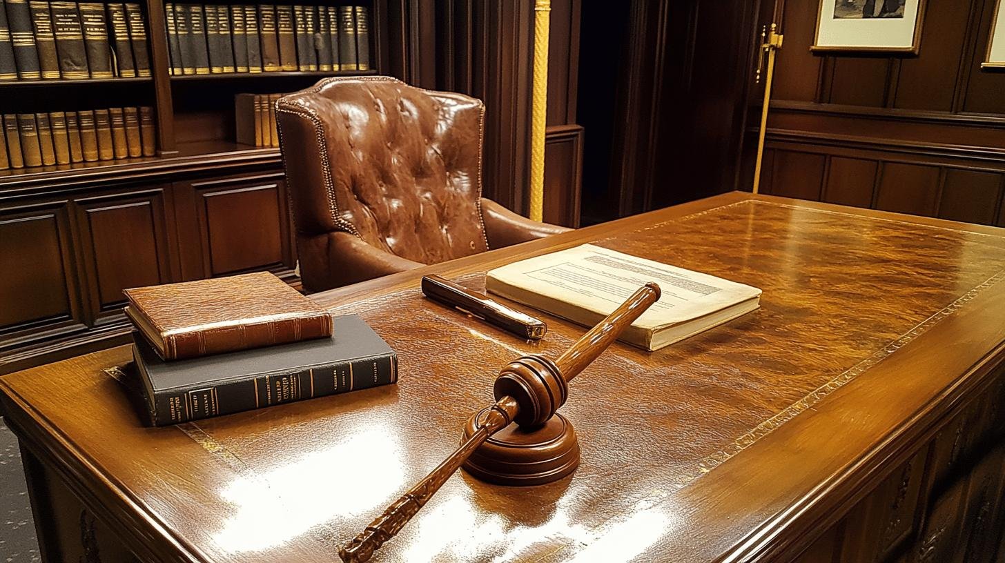 Judge's gavel on desk in law library, symbolizing 'Freedom of Speech vs Hate Speech' legal discussions.