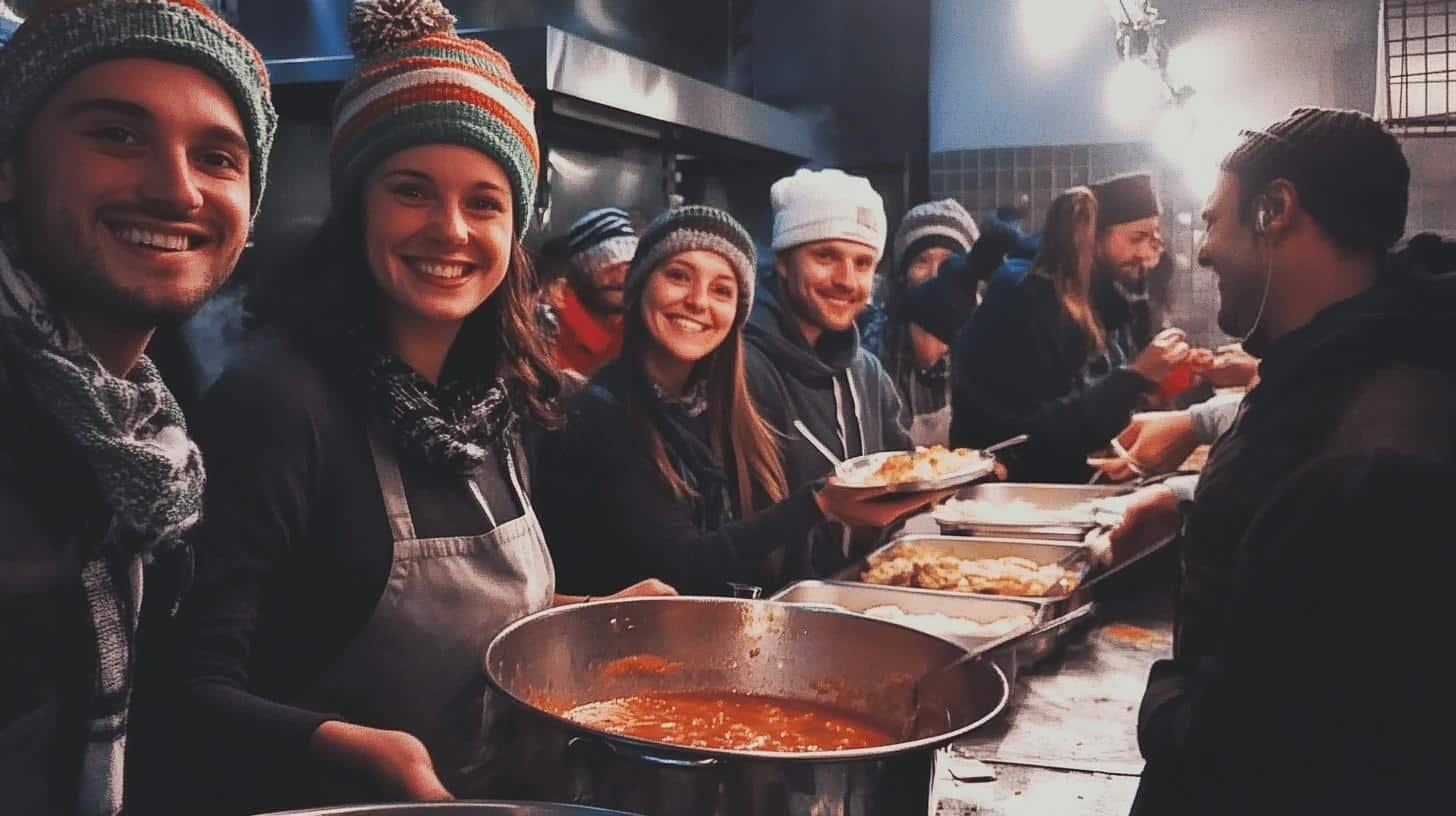 Volunteers serving food, demonstrating the spirit of giving back to the community.