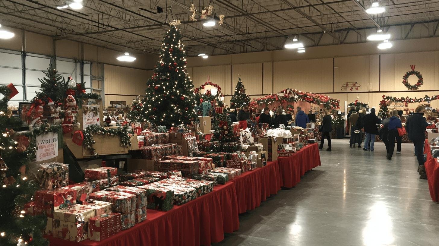 Holiday fundraising event showcasing decorated trees and gifts, promoting the spirit of giving back to the community.