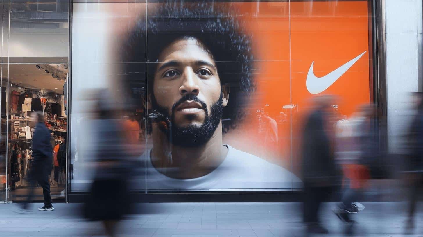 Nike advertisement with a blurred background and a portrait of Colin Kaepernick, referencing the 'Go Woke or Go Broke' debate.