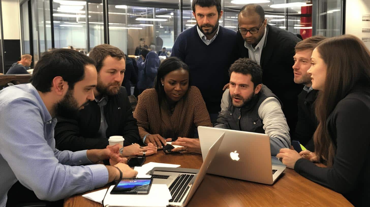 High Performing Cross Functional Teams collaborating around a laptop.