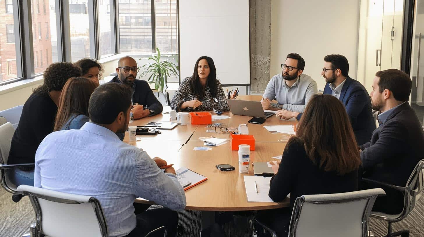 High Performing Cross Functional Teams discussing strategies around a conference table.