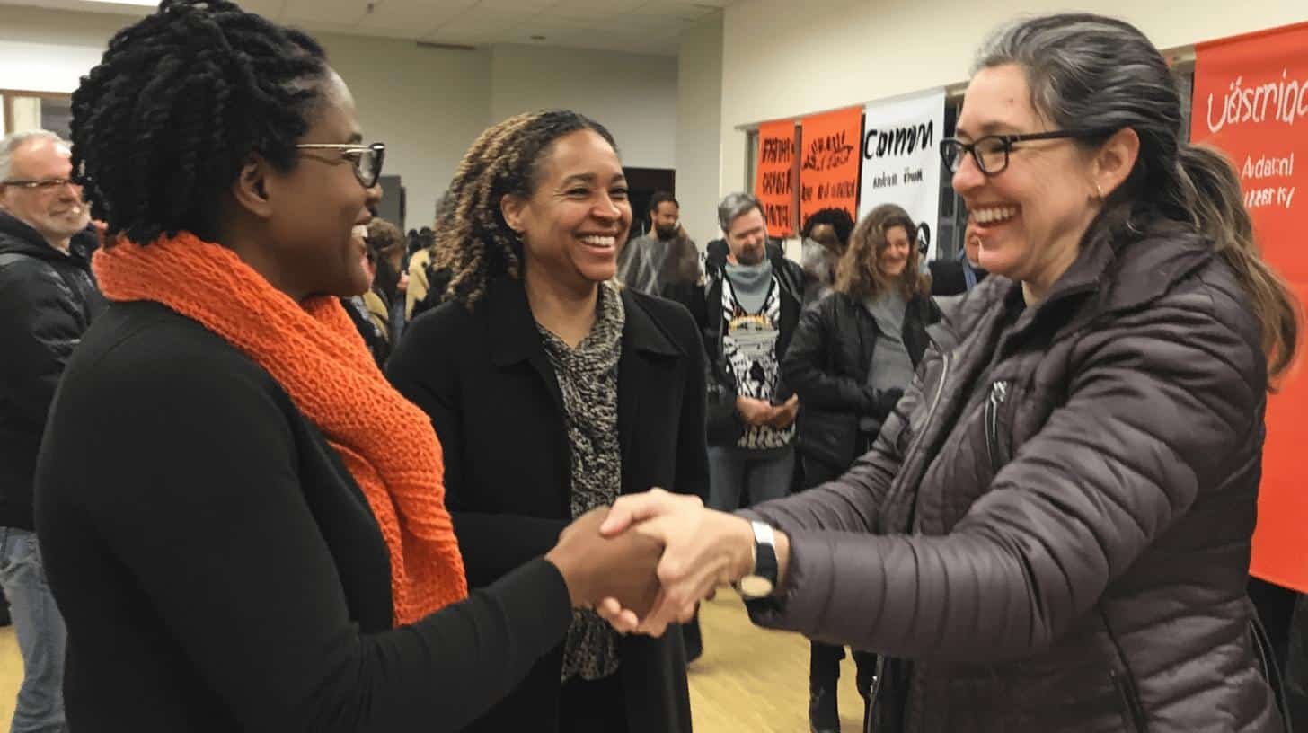 Business Connect With Community – two women shaking hands at a community networking event.