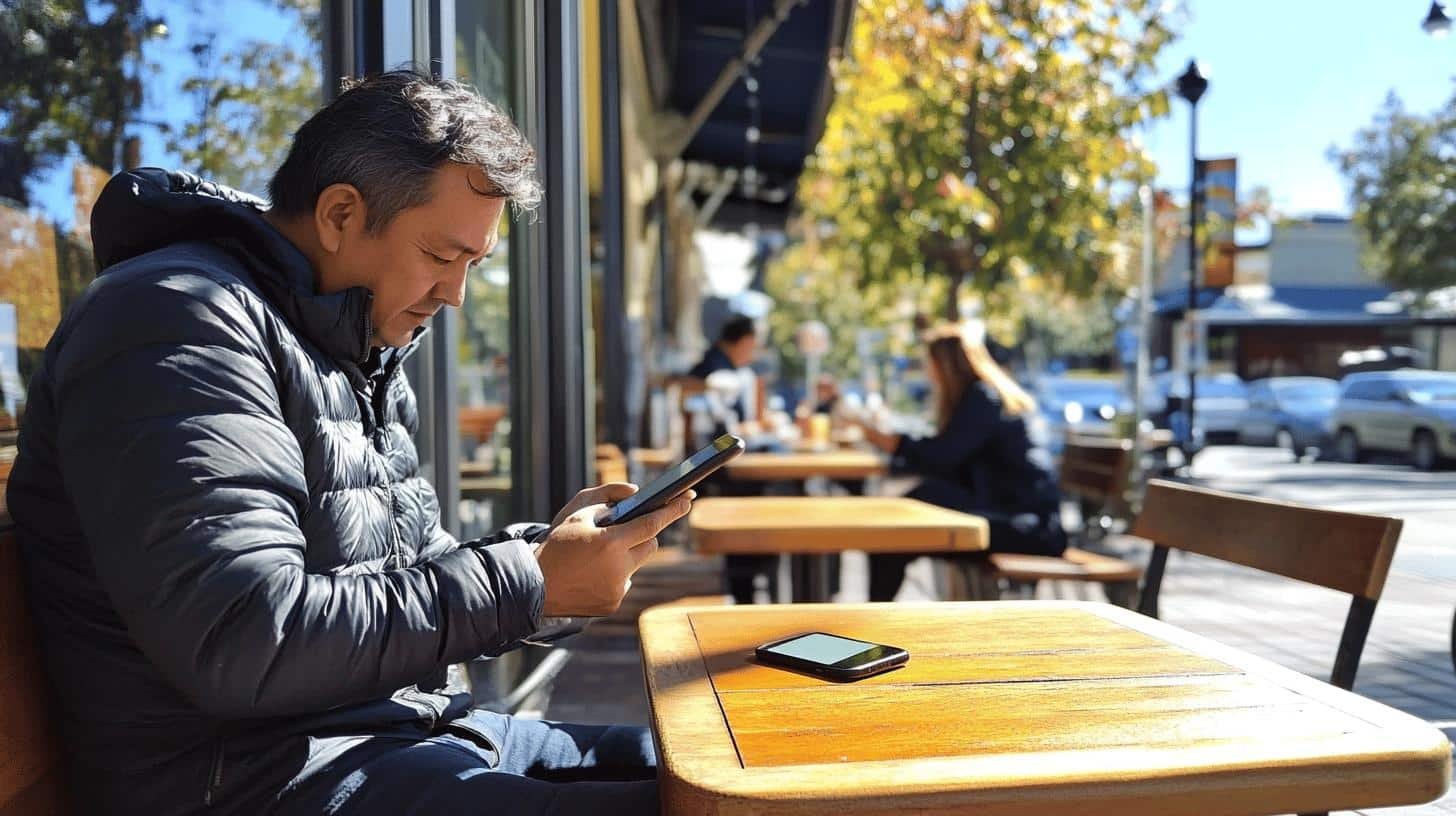 Business Connect With Community – man using a smartphone at an outdoor café, engaging with social media.